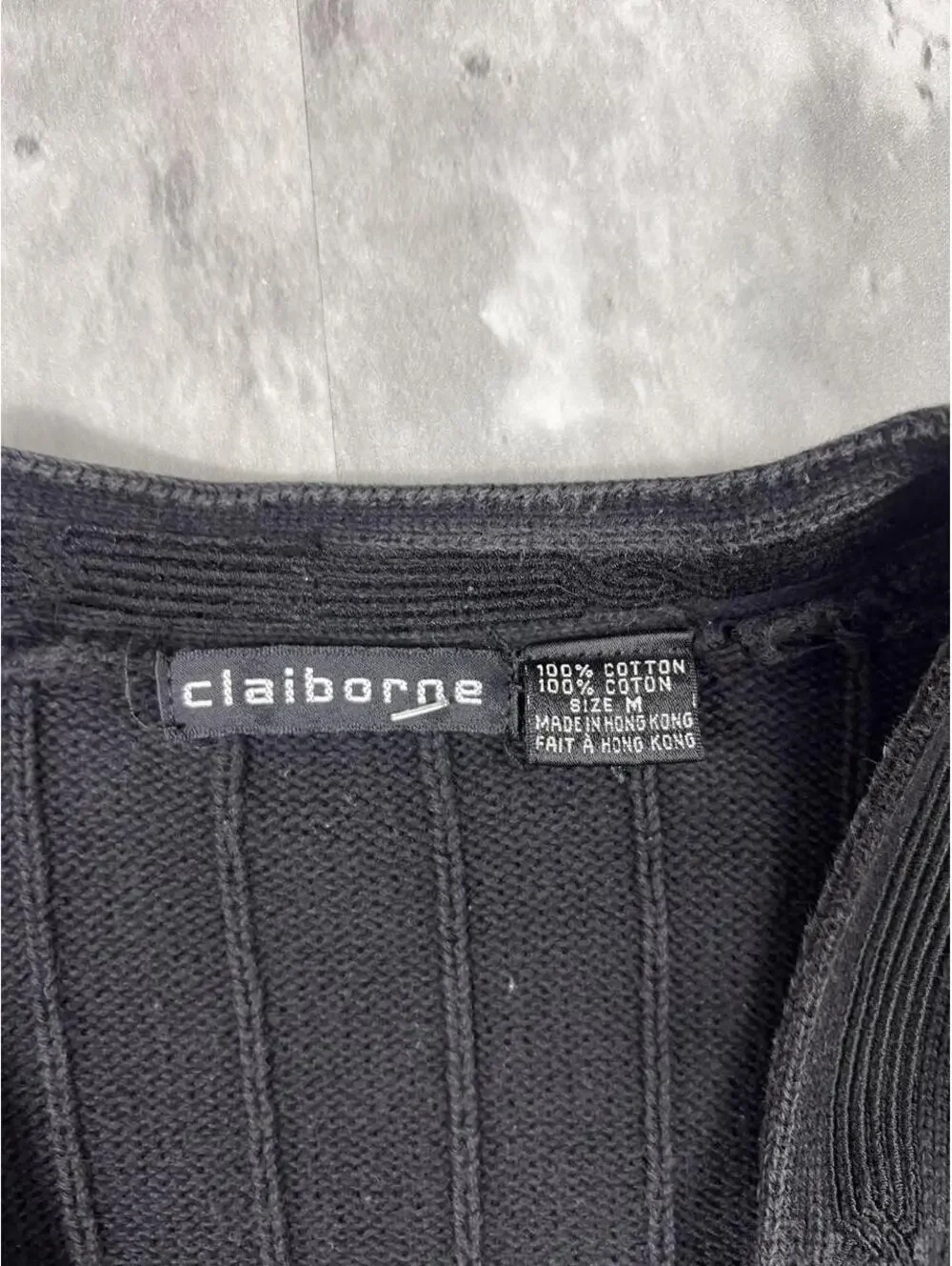 Vintage Claiborne Ribbed Cardigan Sweater Black Cotton Grandpa Knit